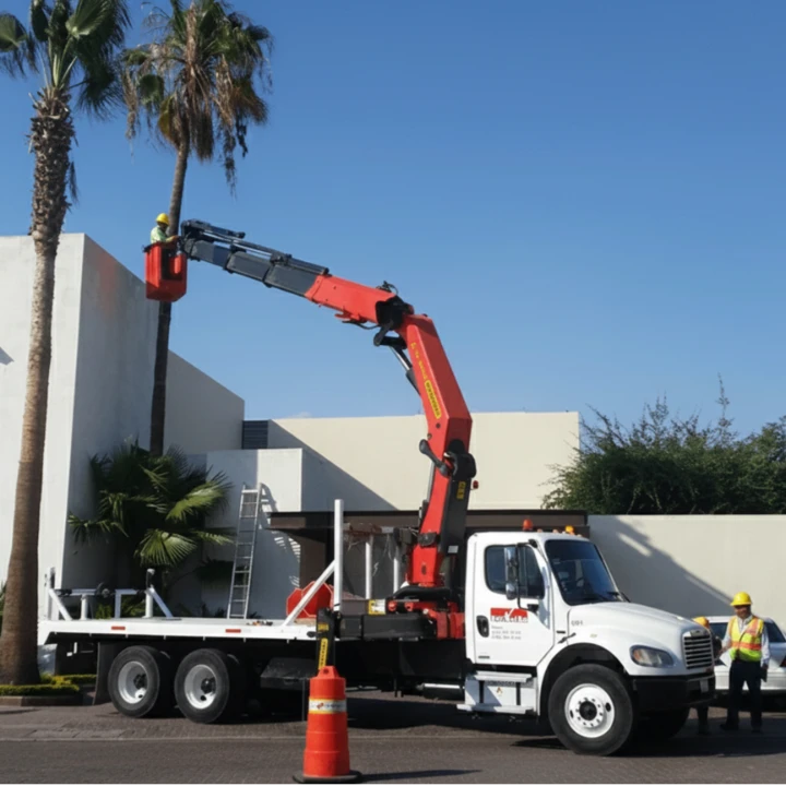 Moving large items into house with crane